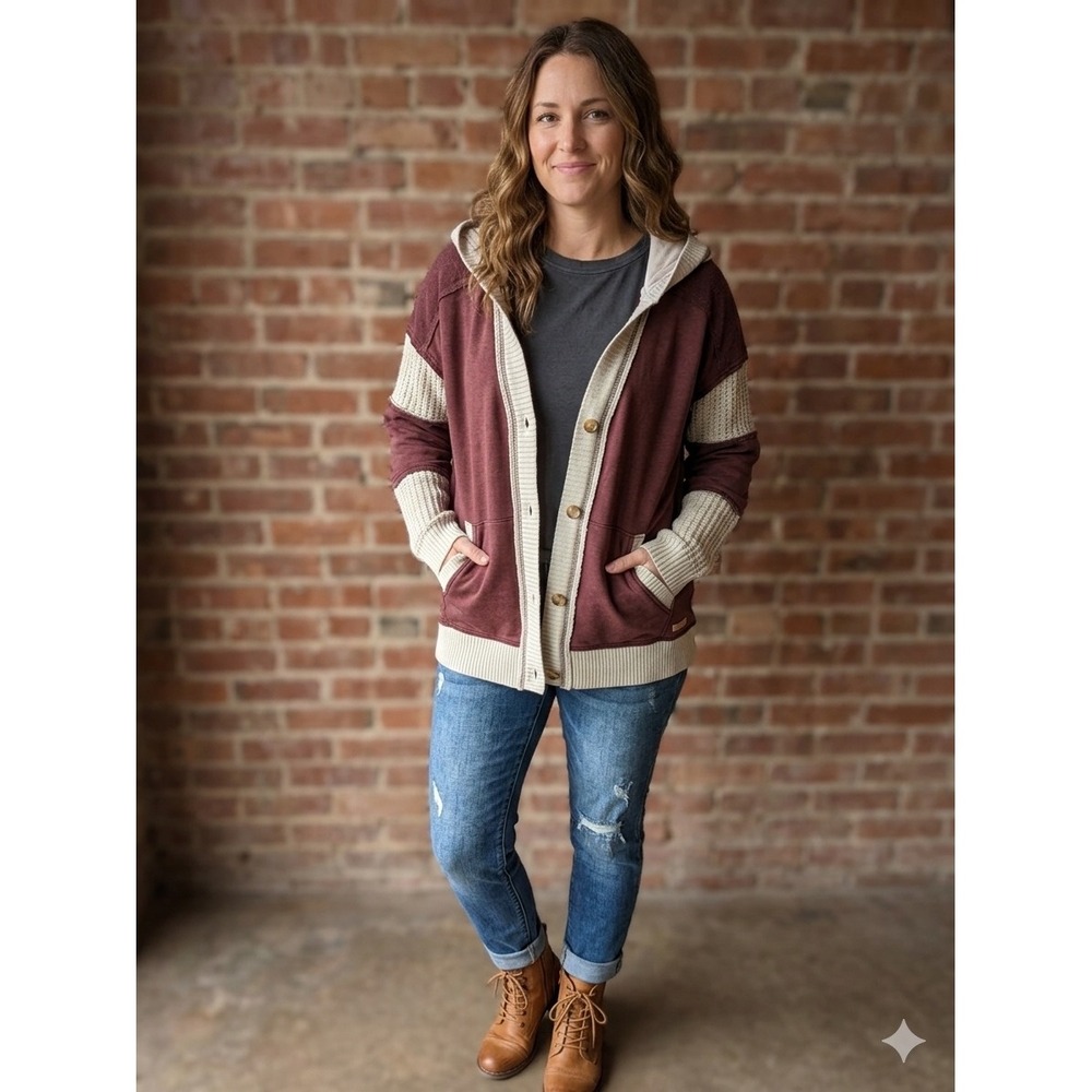 BKE Womens Mixed Media Hooded‎ Cardigan Burgundy Cream Colorblock Sweater Medium